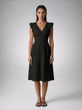 Women's Eyelet Ruffle Cap Sleeve V-Neck Midi Dress