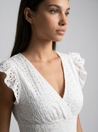 Women's Eyelet Ruffle Cap Sleeve V-Neck Midi Dress