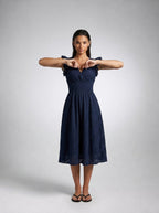 Women's Eyelet Ruffle Cap Sleeve V-Neck Midi Dress