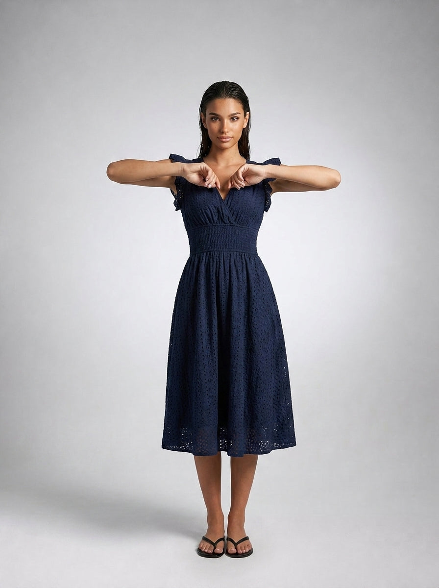 Women's Eyelet Ruffle Cap Sleeve V-Neck Midi Dress