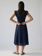 Women's Eyelet Ruffle Cap Sleeve V-Neck Midi Dress