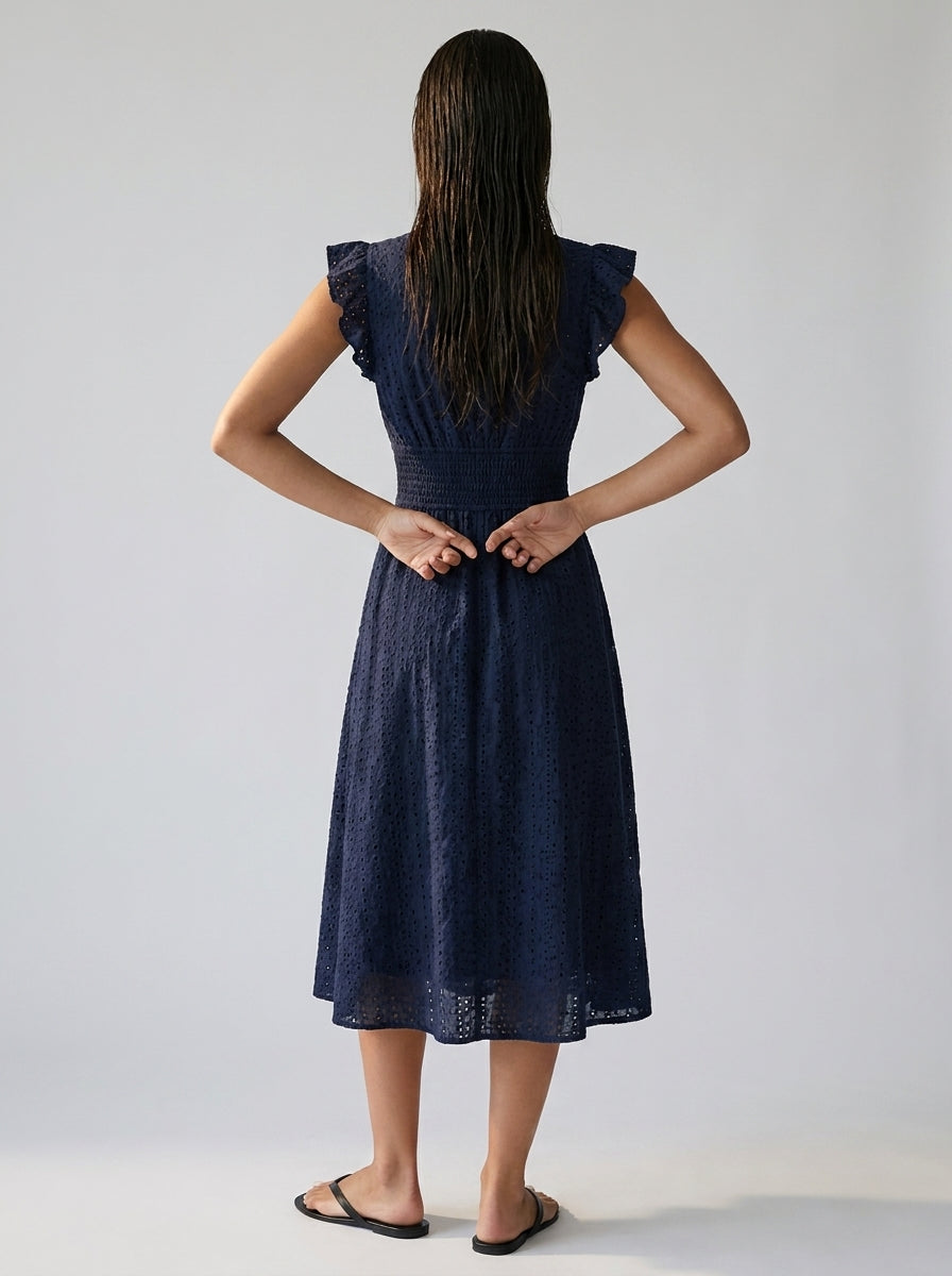 Women's Eyelet Ruffle Cap Sleeve V-Neck Midi Dress