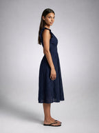 Women's Eyelet Ruffle Cap Sleeve V-Neck Midi Dress