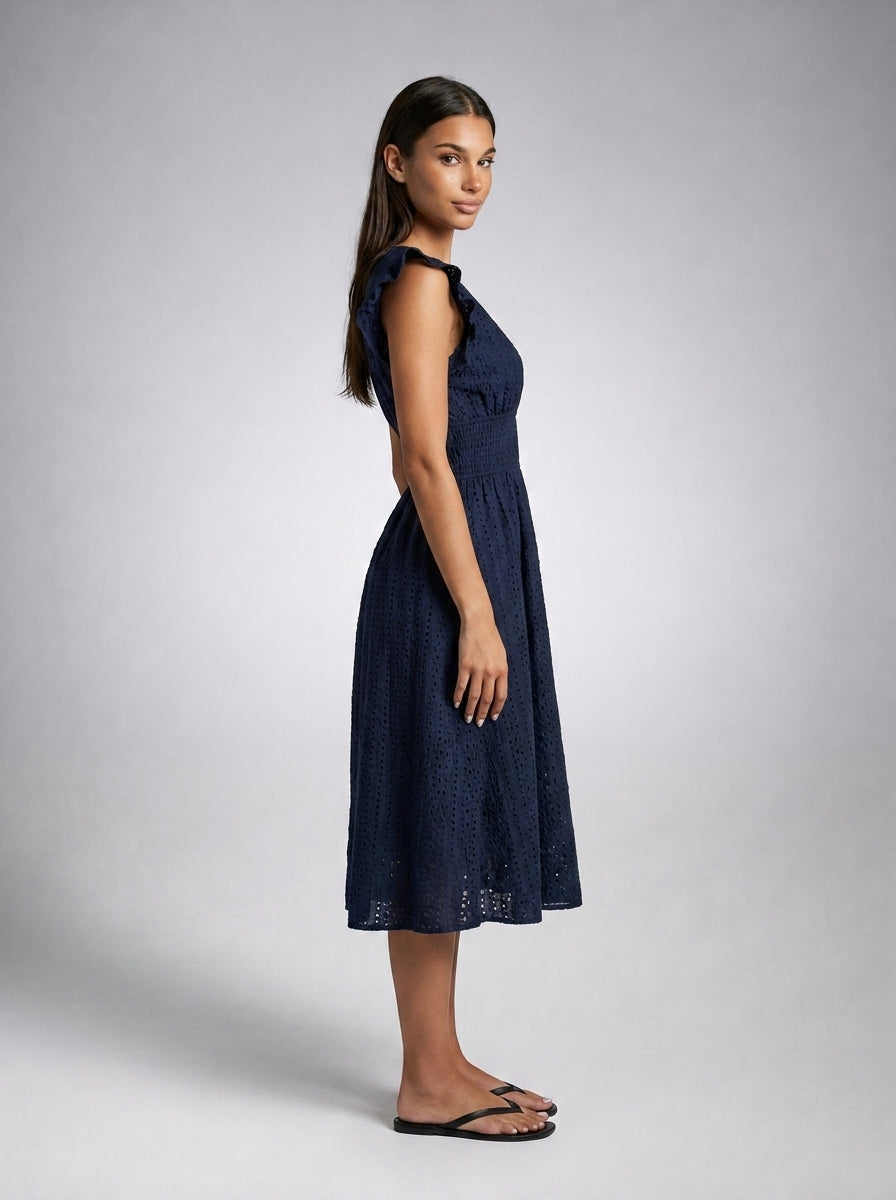 Women's Eyelet Ruffle Cap Sleeve V-Neck Midi Dress