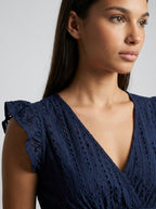 Women's Eyelet Ruffle Cap Sleeve V-Neck Midi Dress