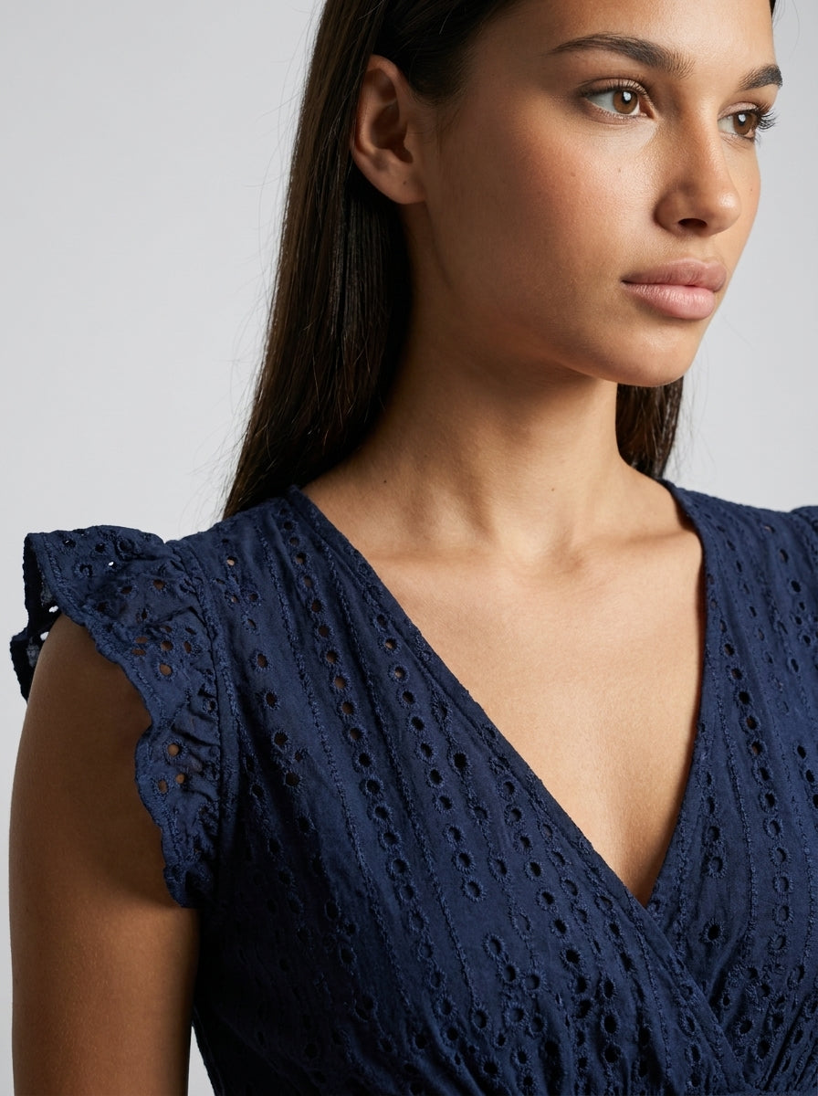 Women's Eyelet Ruffle Cap Sleeve V-Neck Midi Dress