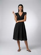 Women's Eyelet Ruffle Cap Sleeve V-Neck Midi Dress
