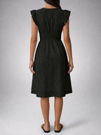 Women's Eyelet Ruffle Cap Sleeve V-Neck Midi Dress