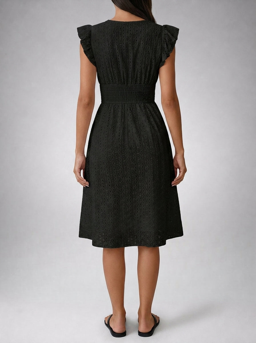 Women's Eyelet Ruffle Cap Sleeve V-Neck Midi Dress