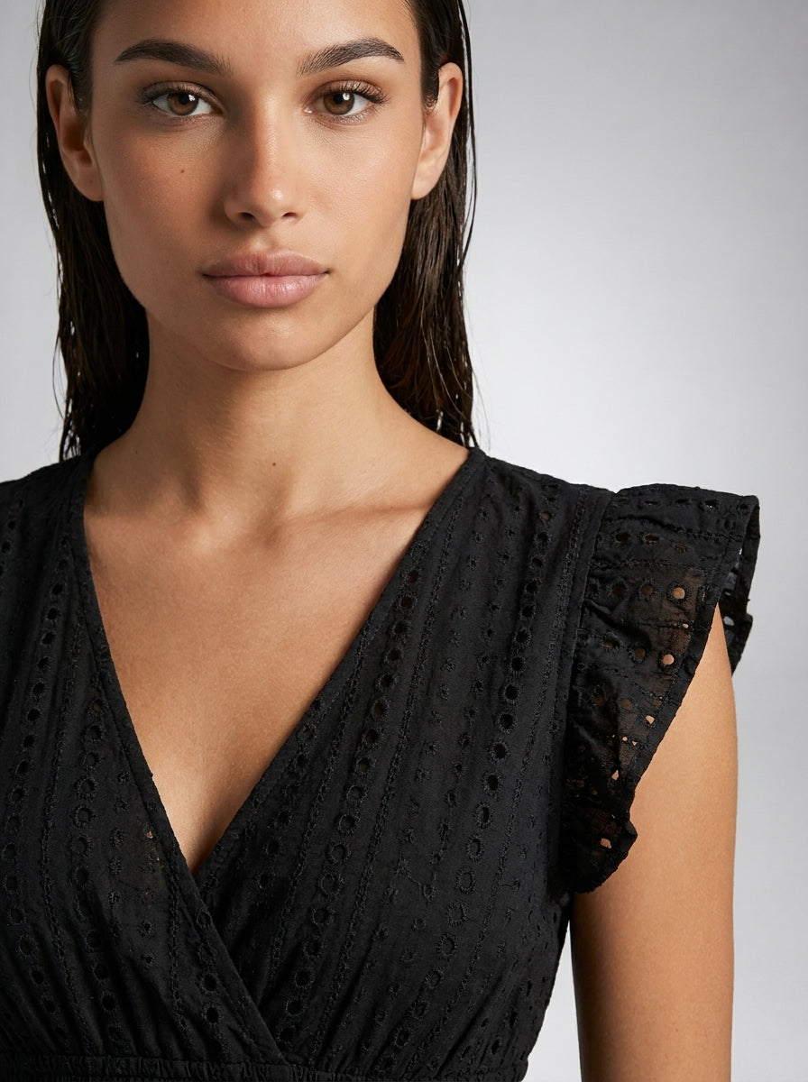 Women's Eyelet Ruffle Cap Sleeve V-Neck Midi Dress