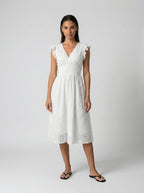 Women's Eyelet Ruffle Cap Sleeve V-Neck Midi Dress