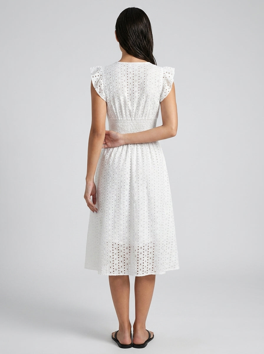 Women's Eyelet Ruffle Cap Sleeve V-Neck Midi Dress