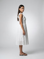 Women's Eyelet Ruffle Cap Sleeve V-Neck Midi Dress