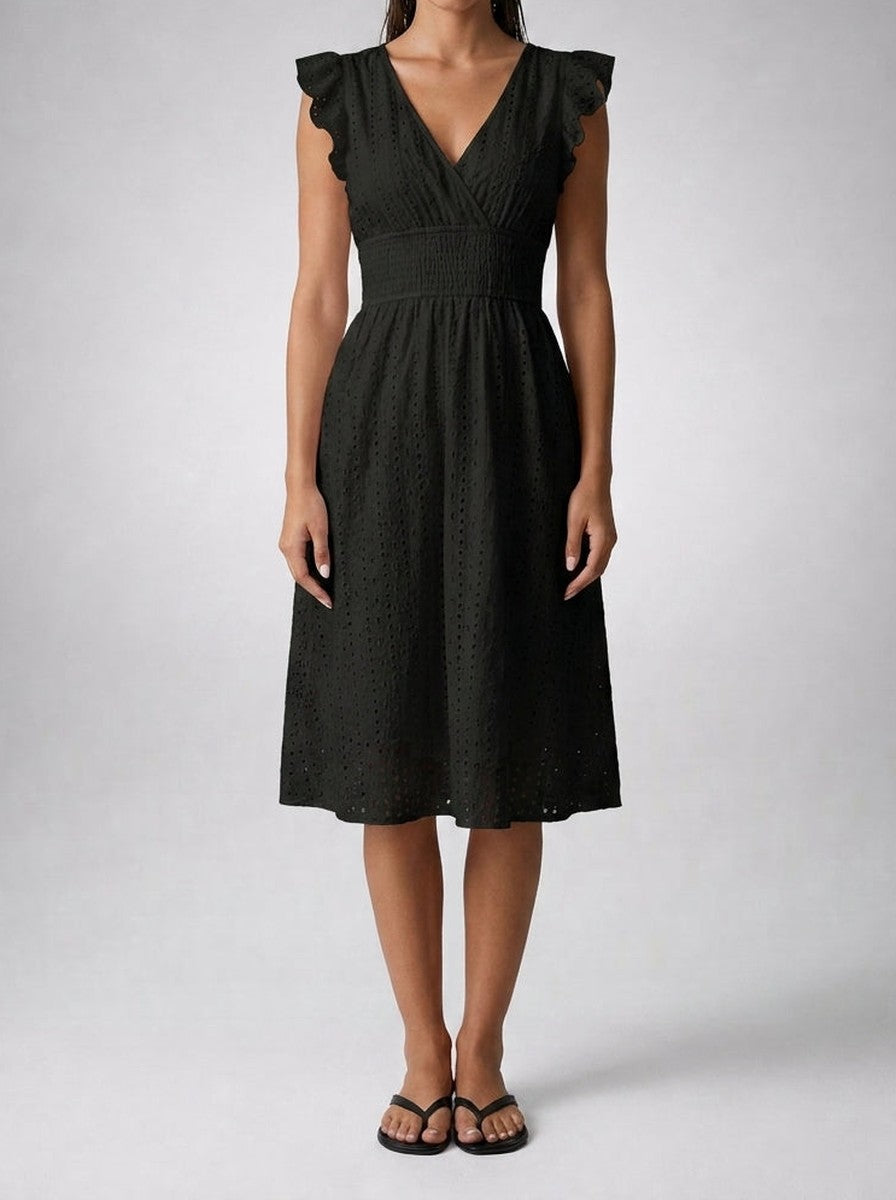 Women's Eyelet V-Neck Ruffle Cap Sleeve Midi Dress