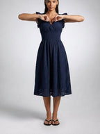 Women's Eyelet V-Neck Ruffle Cap Sleeve Midi Dress