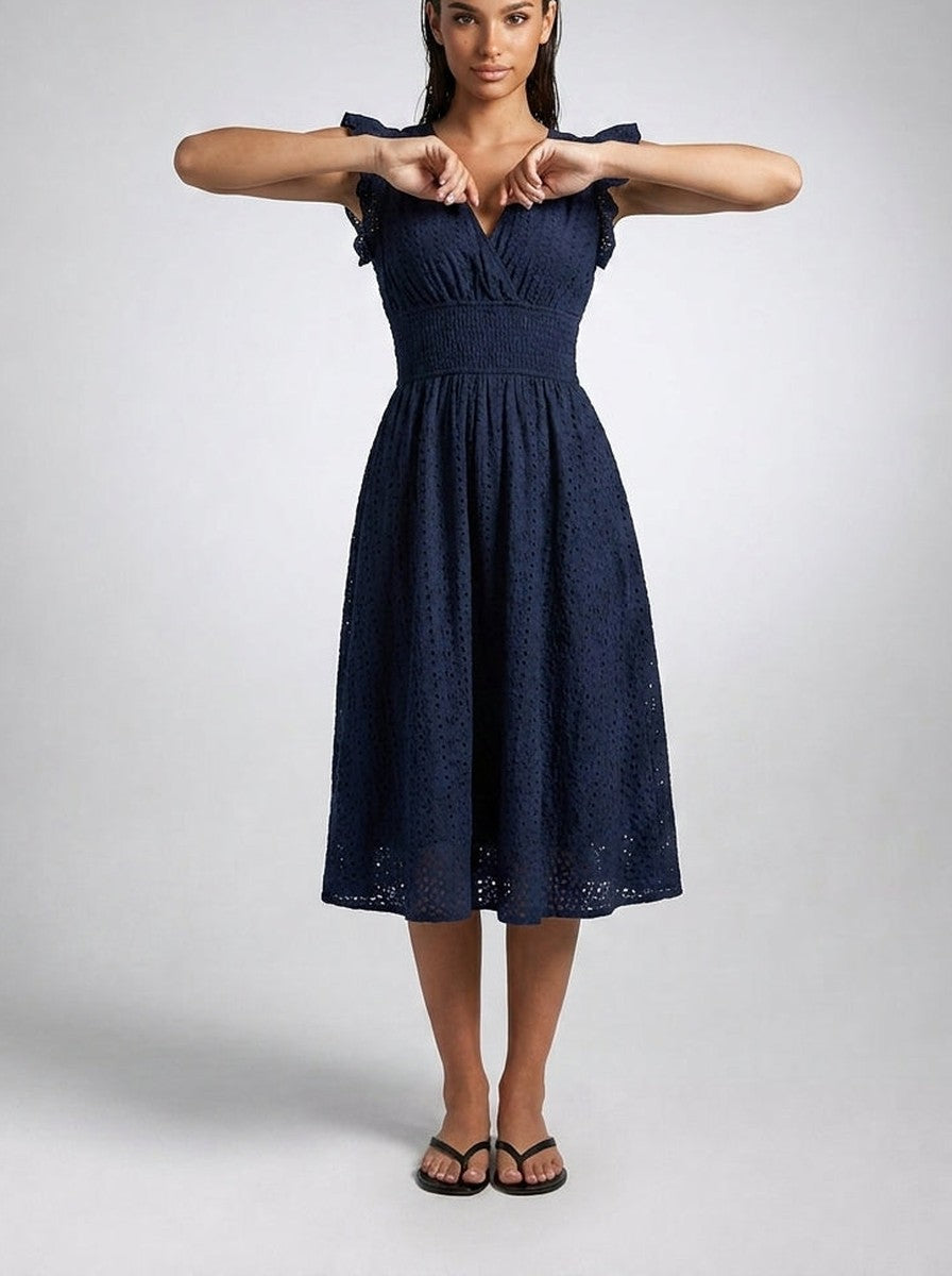 Women's Eyelet V-Neck Ruffle Cap Sleeve Midi Dress