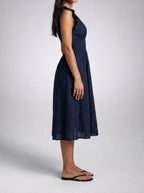 Women's Eyelet V-Neck Ruffle Cap Sleeve Midi Dress