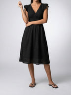 Women's Eyelet V-Neck Ruffle Cap Sleeve Midi Dress