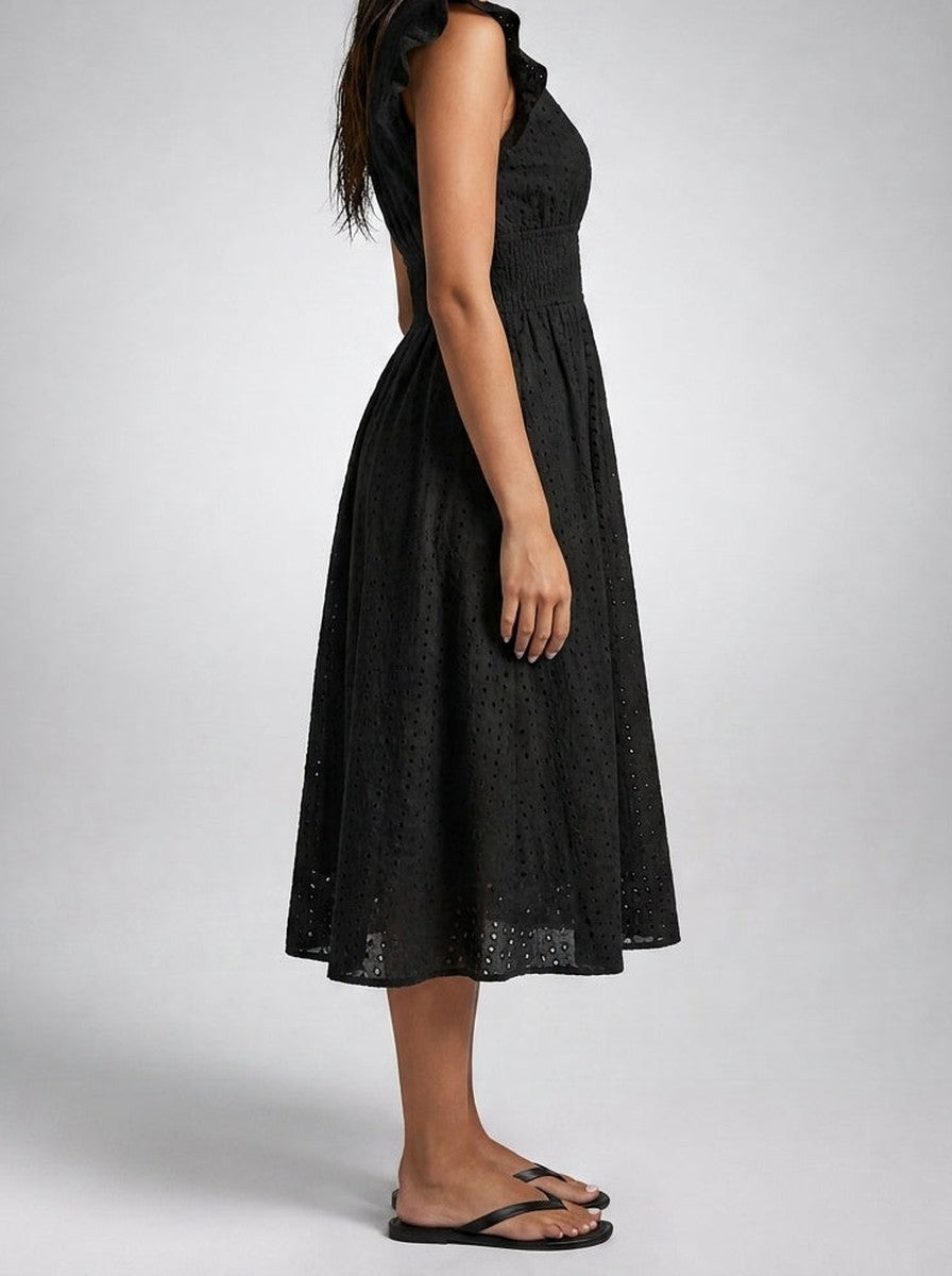 Women's Eyelet V-Neck Ruffle Cap Sleeve Midi Dress