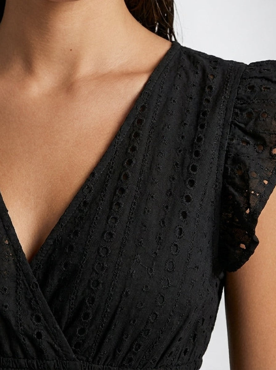 Women's Eyelet V-Neck Ruffle Cap Sleeve Midi Dress