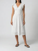 Women's Eyelet V-Neck Ruffle Cap Sleeve Midi Dress