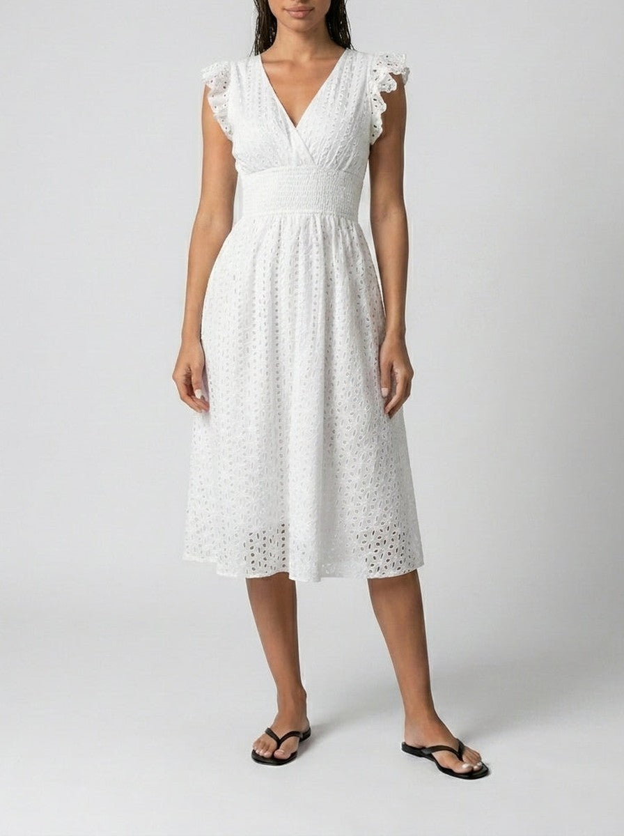 Women's Eyelet V-Neck Ruffle Cap Sleeve Midi Dress