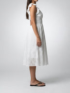 Women's Eyelet V-Neck Ruffle Cap Sleeve Midi Dress