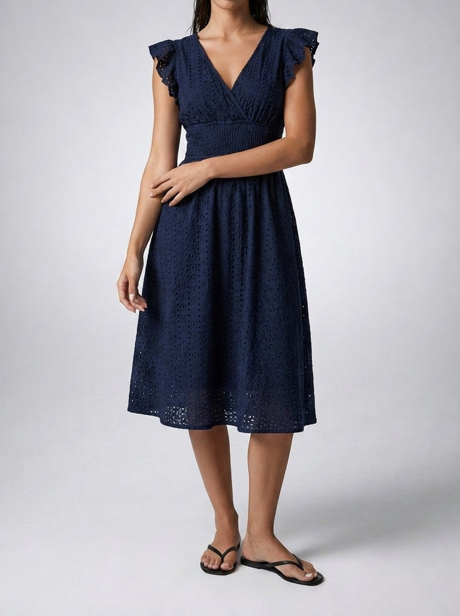 Women's Eyelet V-Neck Ruffle Cap Sleeve Summer Midi Dress