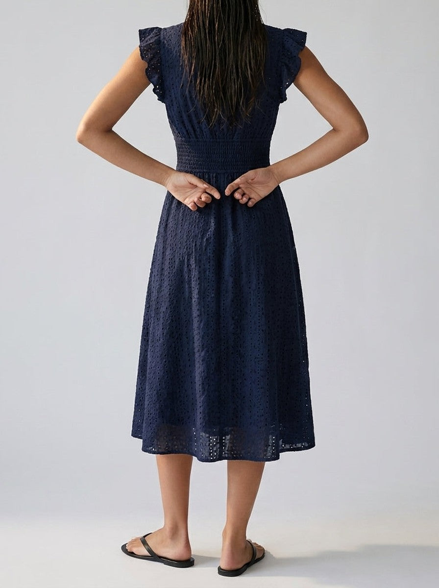 Women's Eyelet V-Neck Ruffle Cap Sleeve Summer Midi Dress