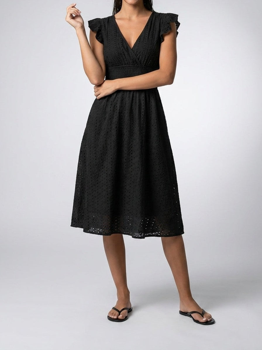 Women's Eyelet V-Neck Ruffle Cap Sleeve Summer Midi Dress