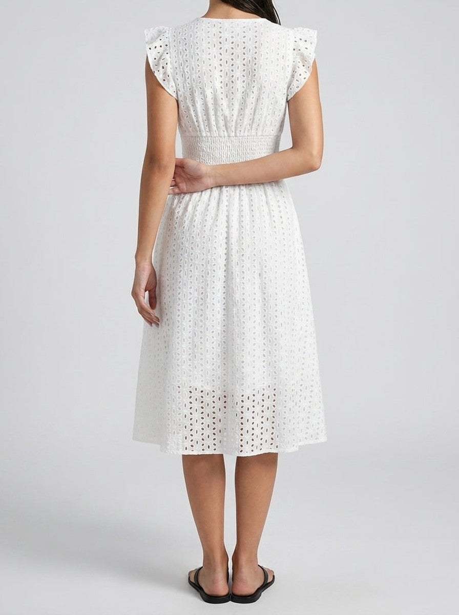 Women's Eyelet V-Neck Ruffle Cap Sleeve Summer Midi Dress