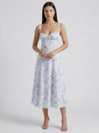 Women's Floral Print Sweetheart Neckline Midi Dress