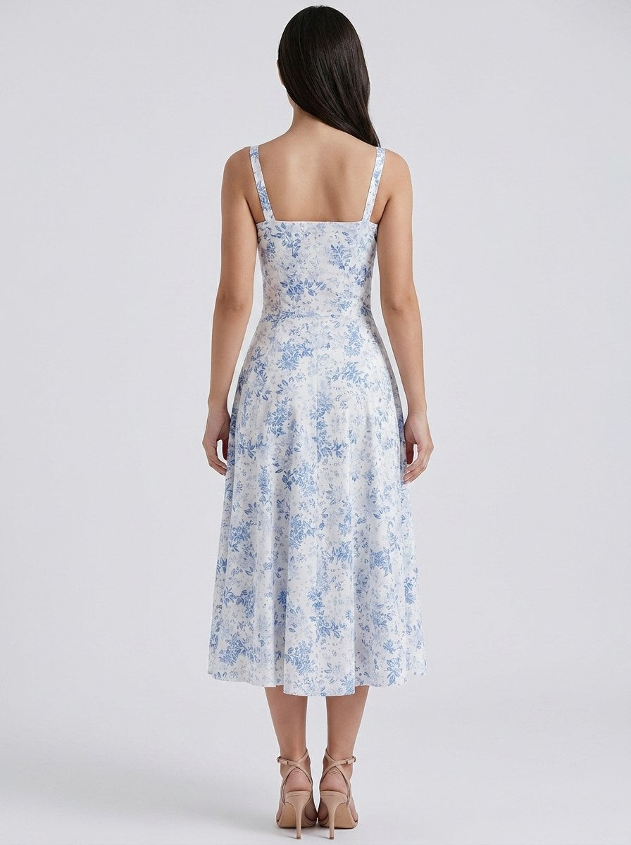 Women's Floral Print Sweetheart Neckline Midi Dress