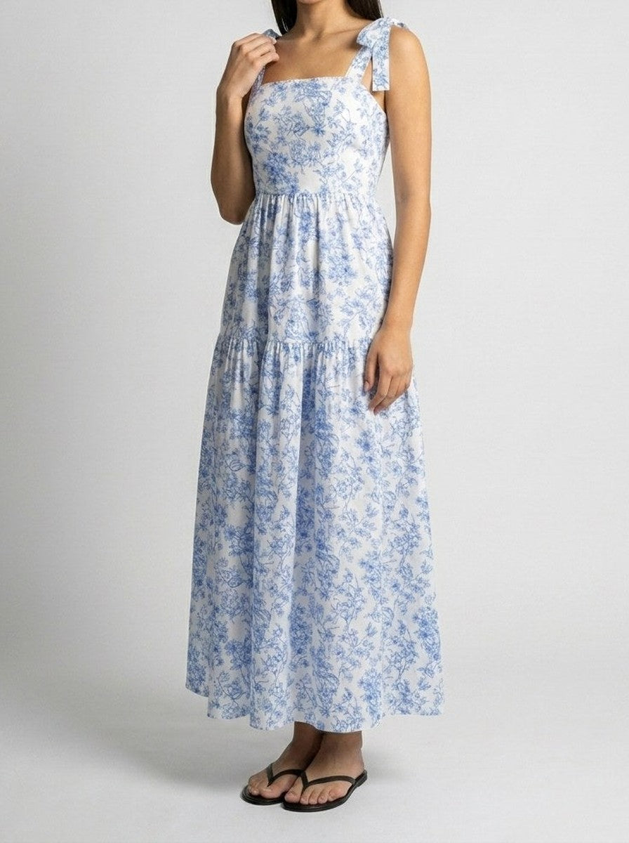 Women's Floral Square Neck Tiered Summer Maxi Dress