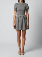 Women's Gingham Mini Dress with Puff Sleeve and Mock Neck