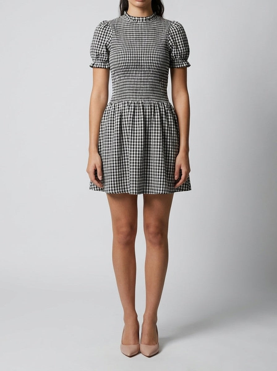 Women's Gingham Mini Dress with Puff Sleeve and Mock Neck