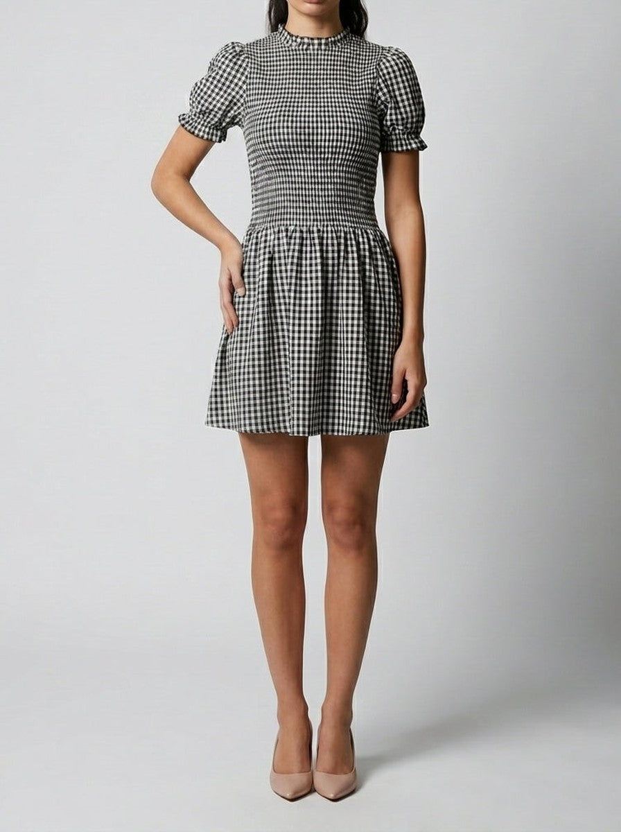 Women's Gingham Mini Dress with Puff Sleeve and Mock Neck