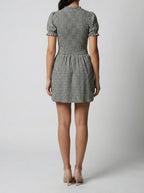 Women's Gingham Mini Dress with Puff Sleeve and Mock Neck
