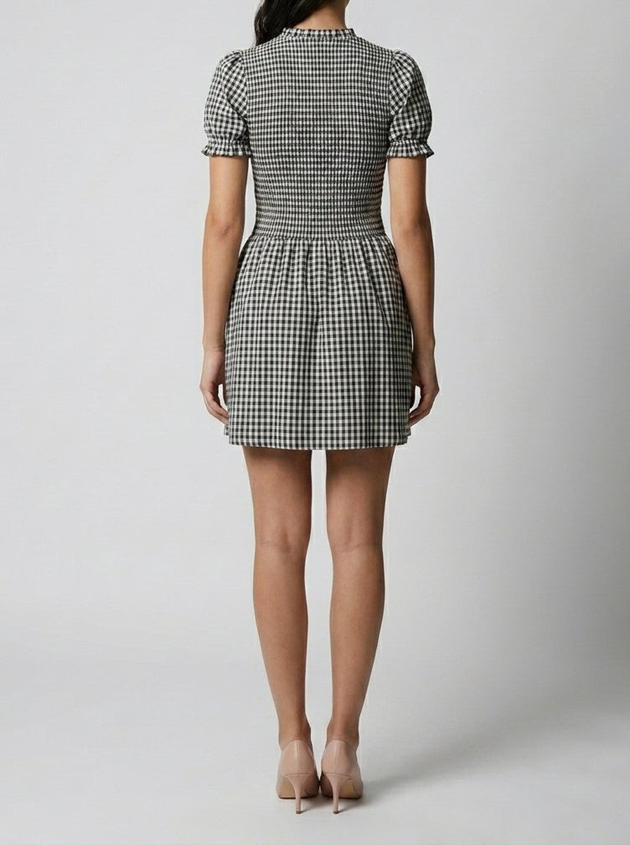 Women's Gingham Mini Dress with Puff Sleeve and Mock Neck