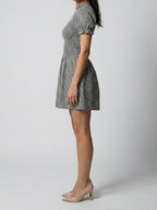 Women's Gingham Mini Dress with Puff Sleeve and Mock Neck