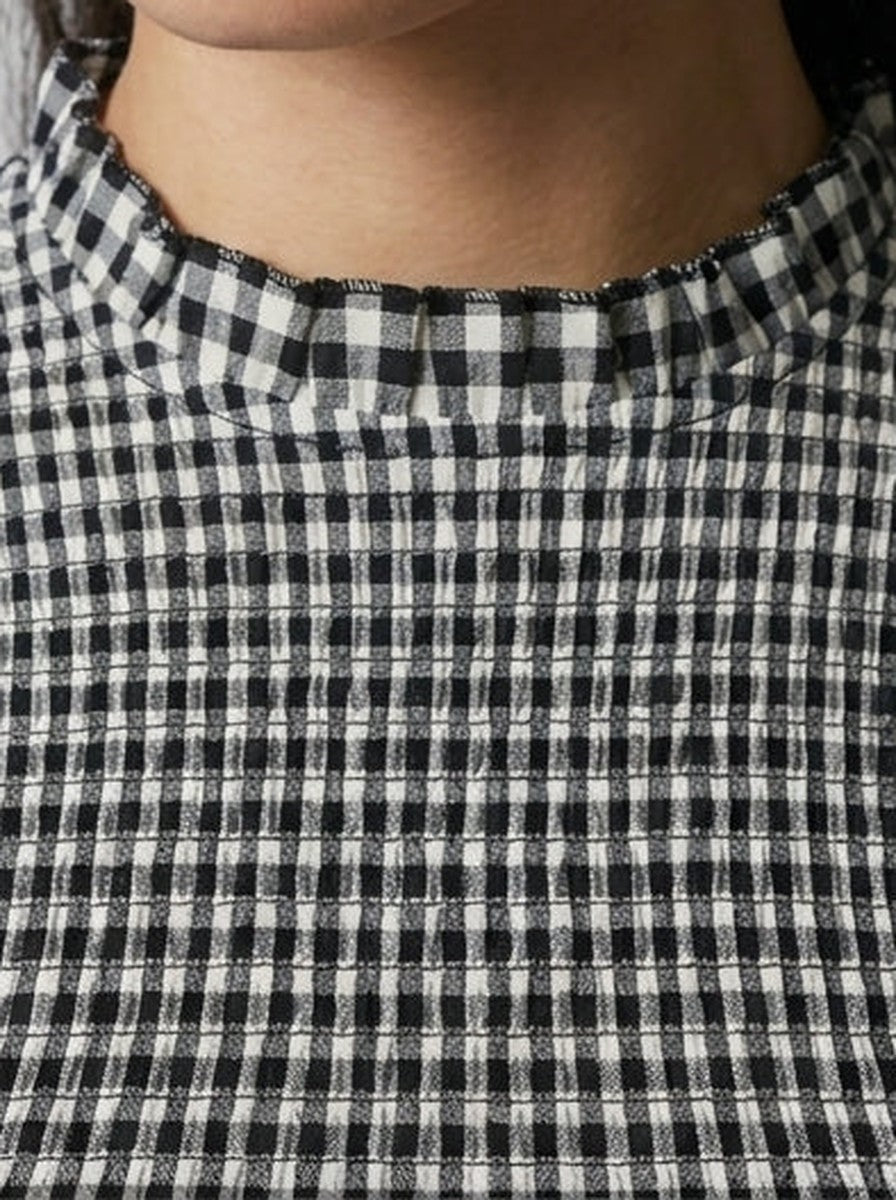 Women's Gingham Mini Dress with Puff Sleeve and Mock Neck