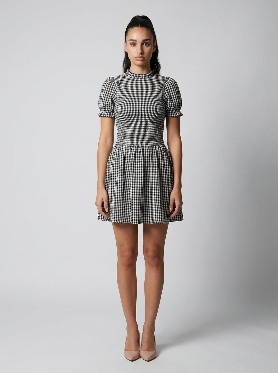 Women's Gingham Mock Neck Puff Sleeve Mini Dress