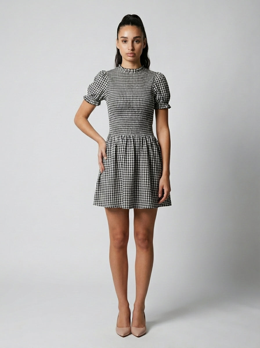 Women's Gingham Mock Neck Puff Sleeve Mini Dress
