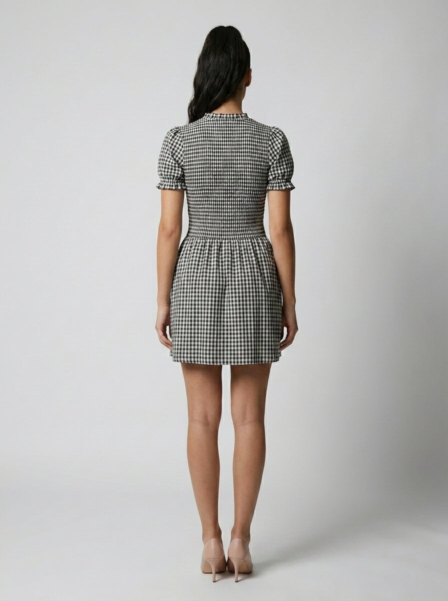 Women's Gingham Mock Neck Puff Sleeve Mini Dress