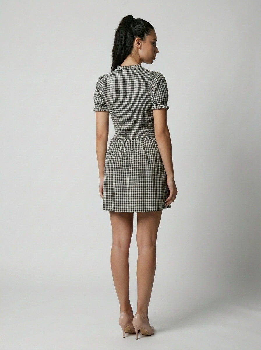 Women's Gingham Mock Neck Puff Sleeve Mini Dress