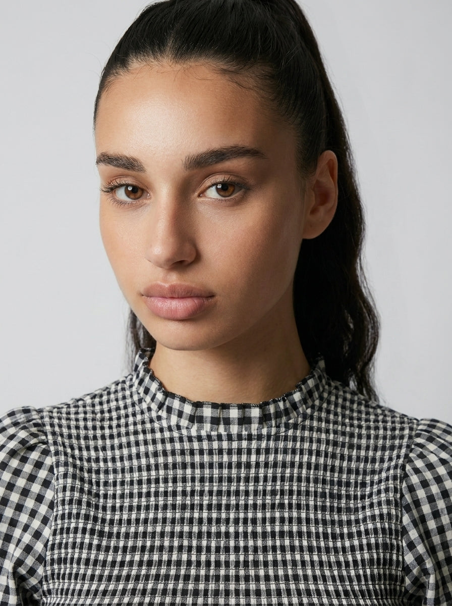 Women's Gingham Mock Neck Puff Sleeve Mini Dress