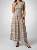 Women's Gingham Round Neck Sleeveless A-Line Midi Dress
