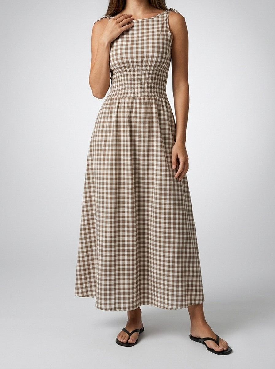 Women's Gingham Round Neck Sleeveless A-Line Midi Dress