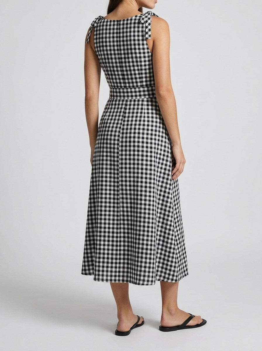 Women's Gingham Round Neck Sleeveless A-Line Midi Dress
