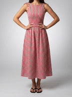 Women's Gingham Round Neck Sleeveless A-Line Midi Dress